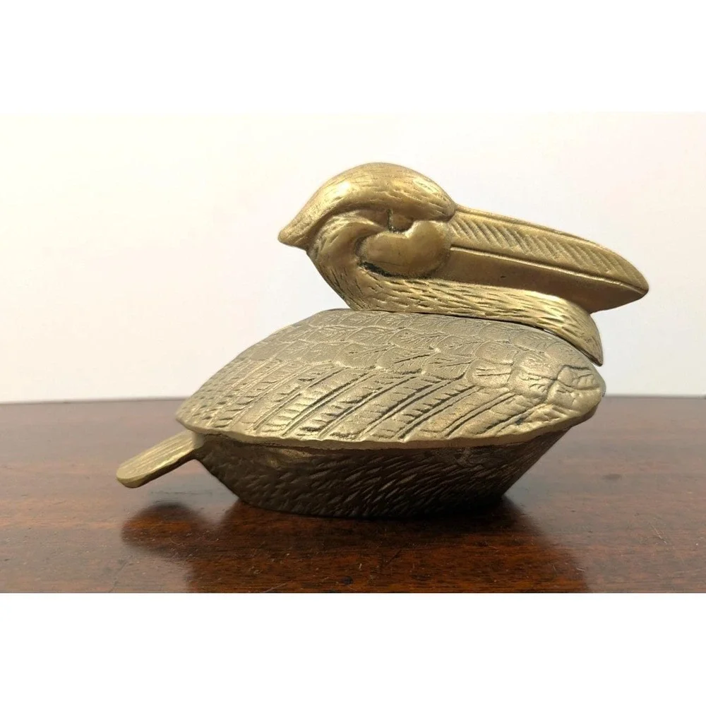 Vintage Solid Brass Pelican Trinket Box With Lid Coastal Bird Decor 8